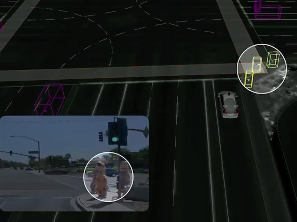 Waymo vision looking at roadways and pedestrians.