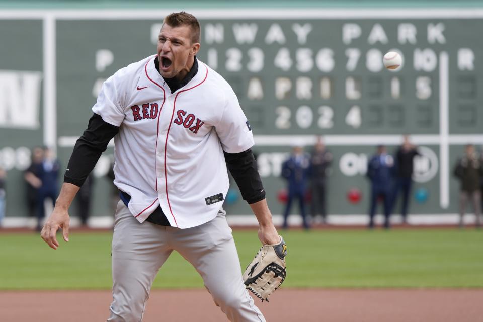 Former New England Patriots tight end Rob Gronkowski reacts after his 