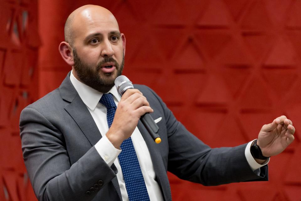 El Paso attorney James Montoya answers a question at the El Paso Chamber’s forum on Jan. 18, 2024, at the Sundt Construction offices in El Paso for candidates seeking the district attorney seat in the upcoming election.