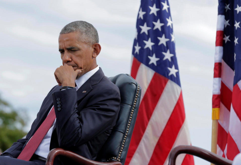 President Obama waits to speak during a ceremony marking the 15th anniversary of the 9/11 attacks