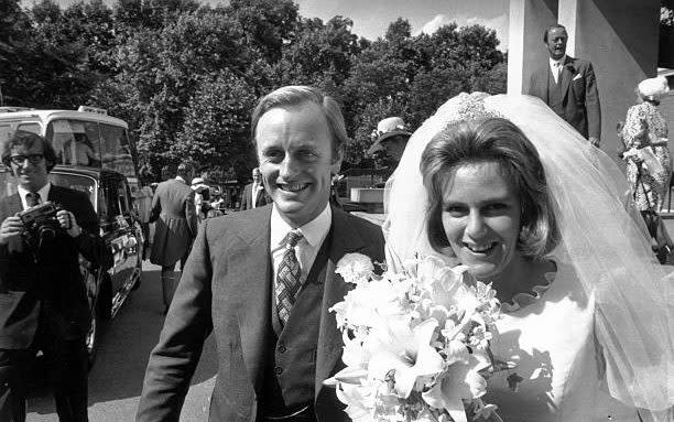 Camilla Shand and Captain Andrew Parker Bowles outside the Guards' Chapel on their wedding day - Frank Barratt 
