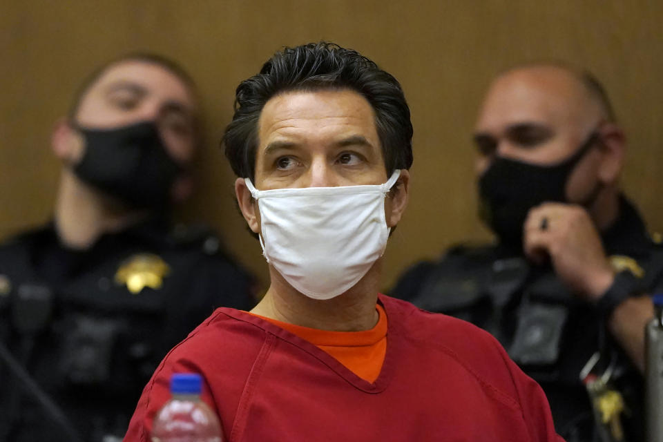 Scott Peterson listens during a hearing at the San Mateo County Superior Court in Redwood City, Calif., Monday, Feb. 28, 2022. (AP Photo/Jeff Chiu, Pool)