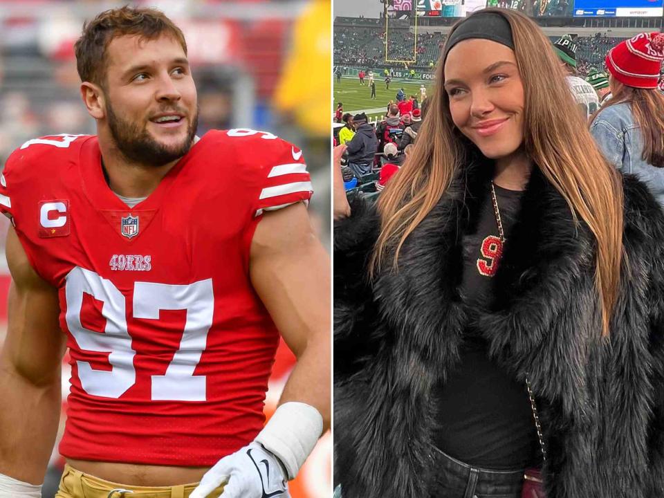 <p>Douglas Stringer/Icon Sportswire/Getty ; Lauren Maenner Instagram</p> Nick Bosa in the week 18 game between the Arizona Cardinals and the San Francisco 49ers on January 8, 2023. ; Lauren Maenner attends a San Francisco 49ers game in December 2023