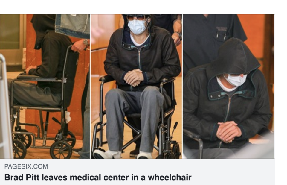 布萊德彼特被拍到坐在輪椅上推出醫院的畫面。（圖／翻攝自Page Six）