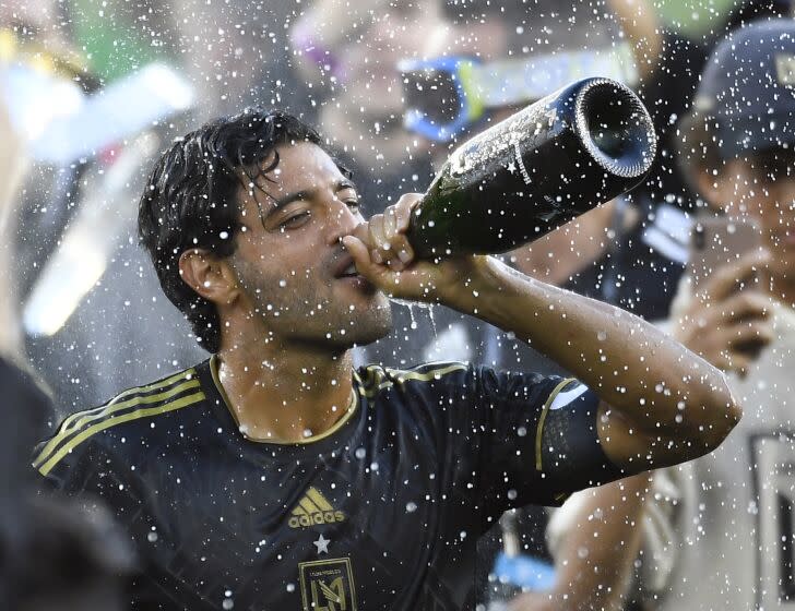 LAFC forward Carlos Vela rejoices in the team's victory over the Philadelphia Union in the MLS Cup final Nov. 5, 2022.