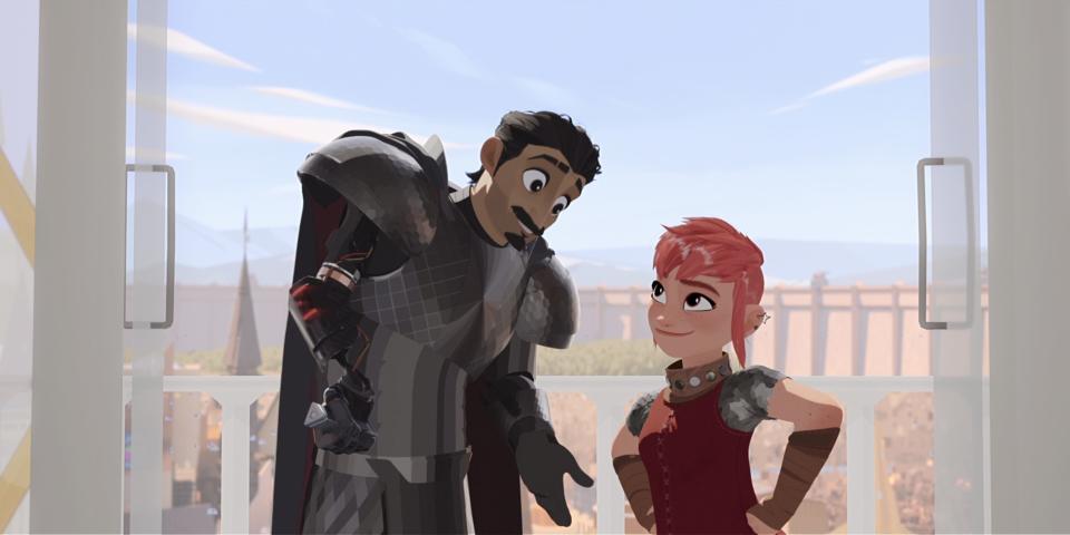 Ballister Boldheart (Riz Ahmed) and Nimona (Chloe Grace Moretz) in "Nimona."