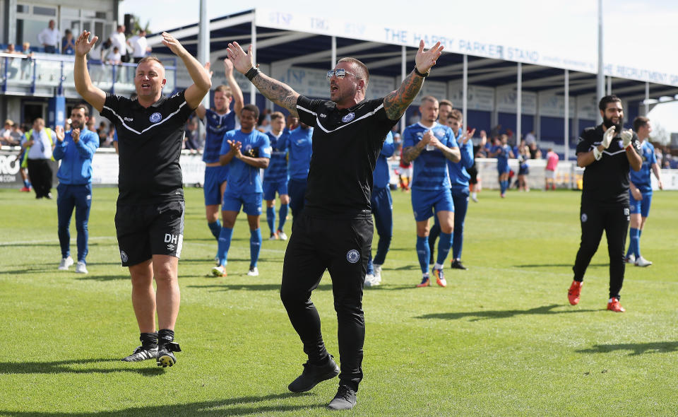 BILLERICAY, ENGLAND - SEPTEMBER 02:  Manager Glenn Tamplin of Billericay Town and his players thank the home support during The Emirates FA Cup Qualifying First Round match between Billericay Town and Didcot Town on September 2, 2017 in Billericay, England.  (Photo by Matthew Lewis/Getty Images)