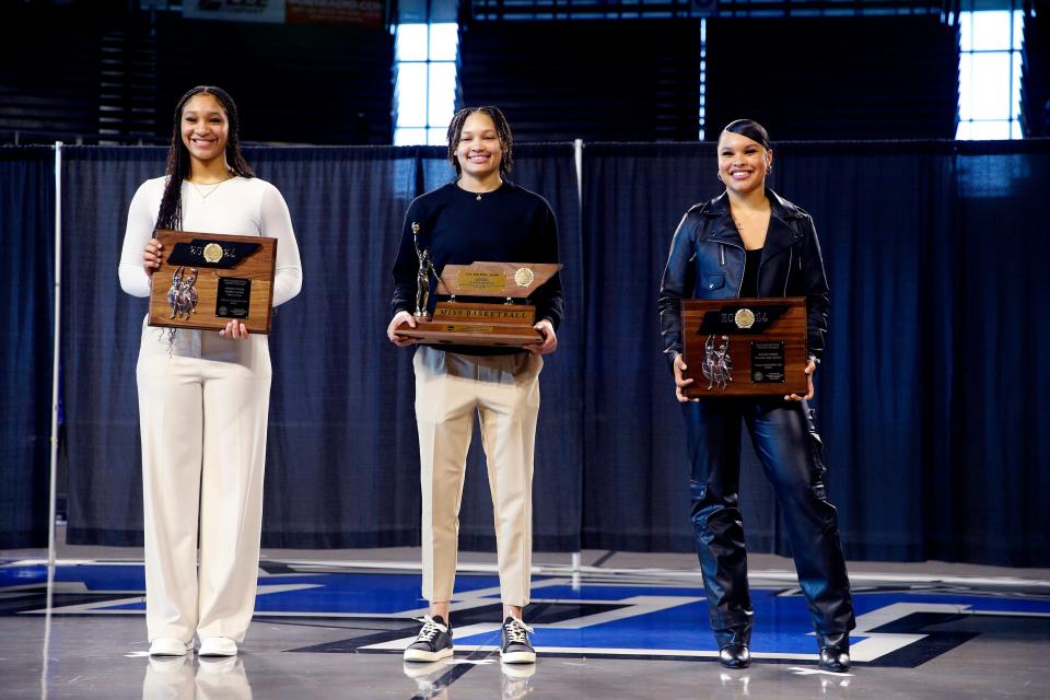 Class 4A Miss Basketball Finalists and Winner left to right Bradley Central's Kimora Fields, the winner Clarksville's Imari Berry and Bearden's Natalya Hodge during the TSSAA 2024 Mr. and Miss Basketball Awards at MTSU, on Tuesday, March 12, 2024.