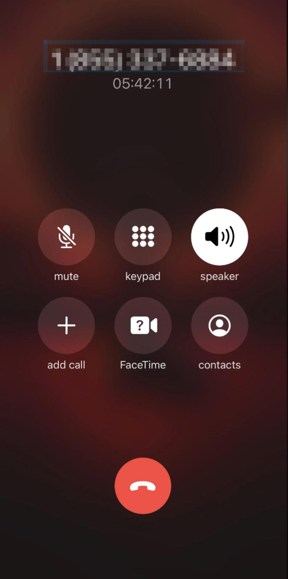 Phone screen showing an active call with 1 (855) 337-6884, ongoing for 5 minutes and 42 seconds. Options displayed: mute, keypad, speaker, add call, FaceTime, contacts, and end call