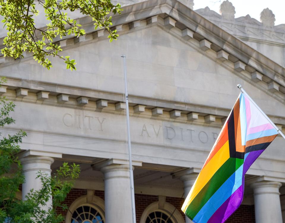 Pride flags fly at City Hall in Montgomery on June 25, 2021. Only government flags would be allowed under a resolution passed this month by the city council. Mayor Steven Reed has since vetoed the resolution.