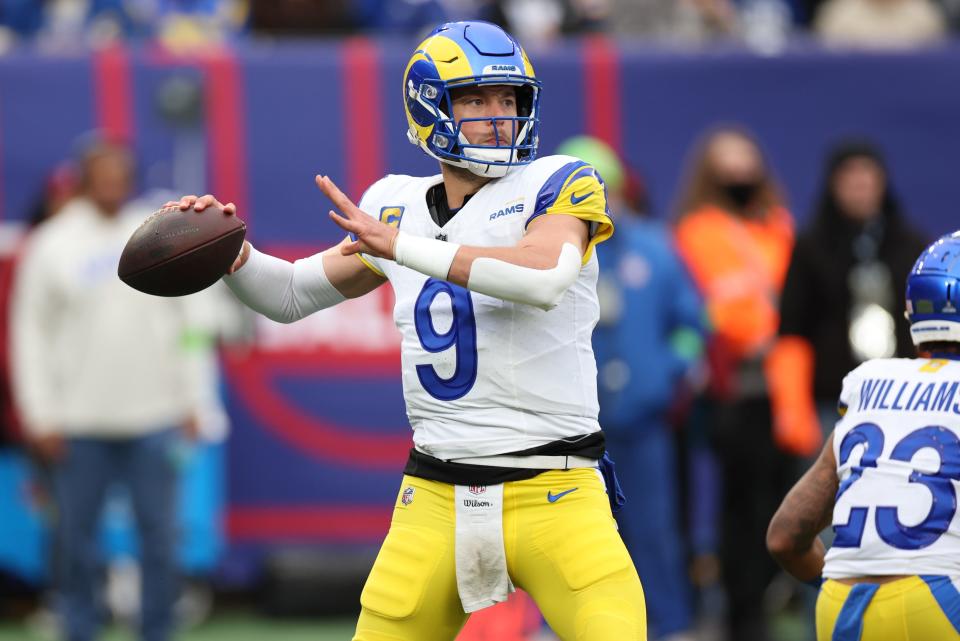 Los Angeles Rams quarterback Matthew Stafford throws the ball during the first half against the New York Giants at MetLife Stadium in East Rutherford, New Jersey, Dec. 31, 2023.