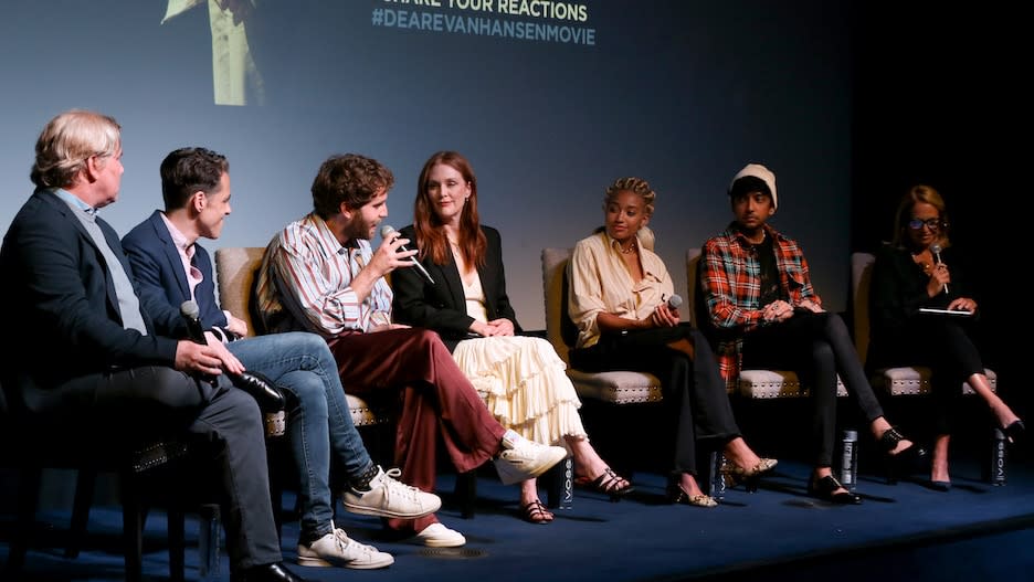 “Dear Evan Hansen” director Stephen Chbosky, writer Steven Levenson, Ben Platt, Julianne Moore, Amandla Stenberg, Nik Dodani and Katie Couric at a post-screening event in New York City. (Photo by Bennett Raglin/Getty Images for Universal Pictures)