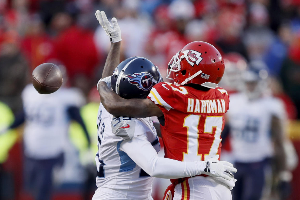 Tennessee Titans' Tramaine Brock is called for interference on a pass intended for Kansas City Chiefs' Mecole Hardman (17) in last season's AFC championship game. (AP Photo/Charlie Neibergall)