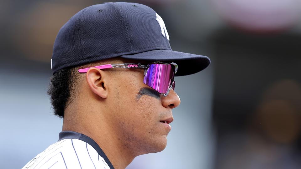 Apr 5, 2024; Bronx, New York, USA; New York Yankees right fielder Juan Soto (22) during the eighth inning against the Toronto Blue Jays at Yankee Stadium.