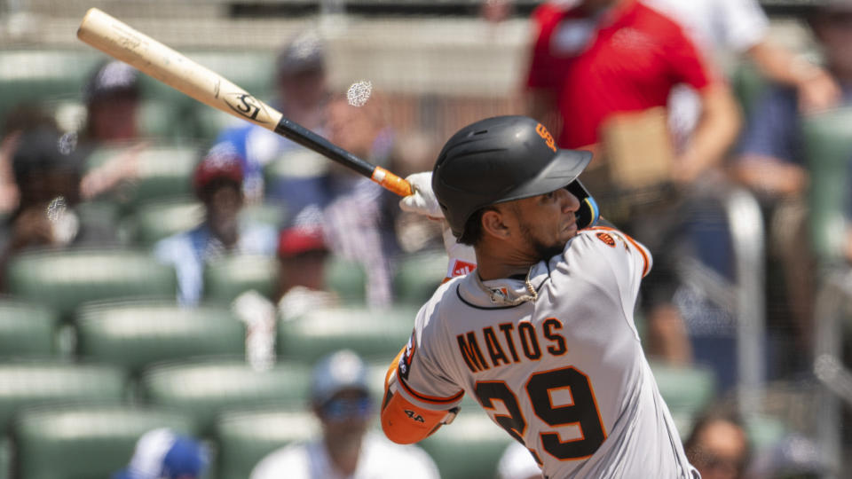 San Francisco Giants' Luis Matos hit a solo home run in the second inning of a baseball game against the Atlanta Braves, Sunday, Aug. 20, 2023, in Atlanta. (AP Photo/Hakim Wright Sr.)