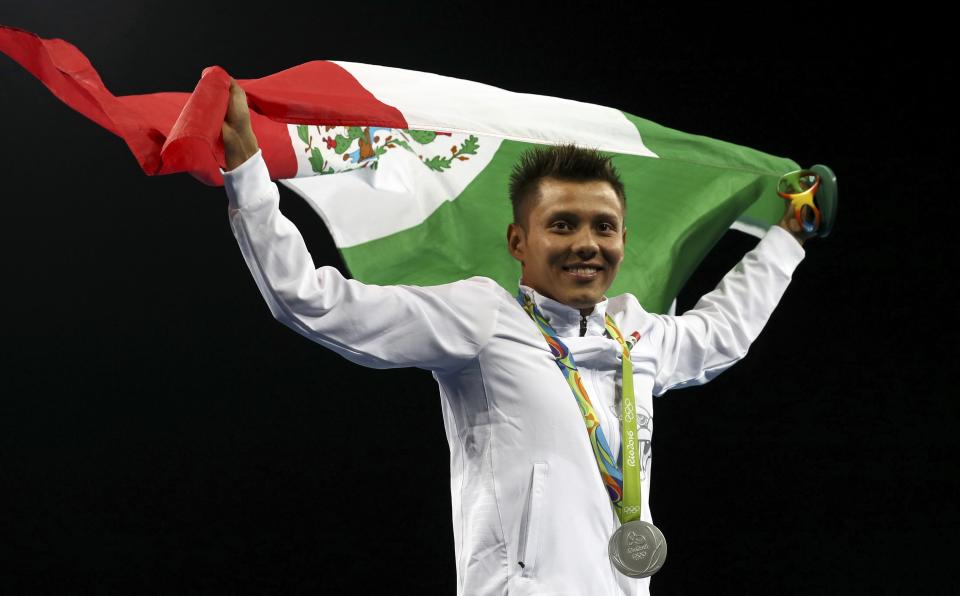 2016 Rio Olympics - Diving - Men's 10m Platform Victory Ceremony - Maria Lenk Aquatics Centre - Rio de Janeiro, Brazil - 20/08/2016.    German Sanchez (MEX) of Mexico celebrates winning the silver. REUTERS/Stefan Wermuth   FOR EDITORIAL USE ONLY. NOT FOR SALE FOR MARKETING OR ADVERTISING CAMPAIGNS.