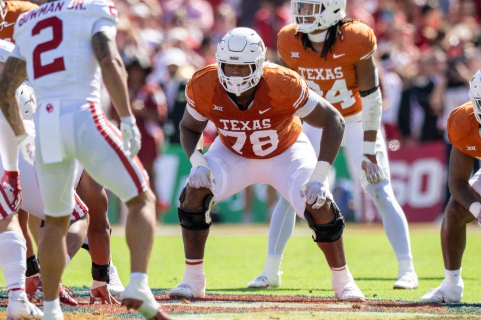 Oct 7, 2023; Dallas, Texas, USA; Texas Longhorns offensive lineman Kelvin Banks Jr. (78) in action during the game between the Texas Longhorns and the Oklahoma Sooners at the Cotton Bowl.