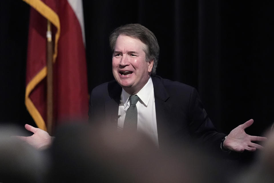 Supreme Court Justice Brett Kavanaugh answers questions during a judicial conference, Friday, May 10, 2024, in Austin, Texas. (AP Photo/Eric Gay)