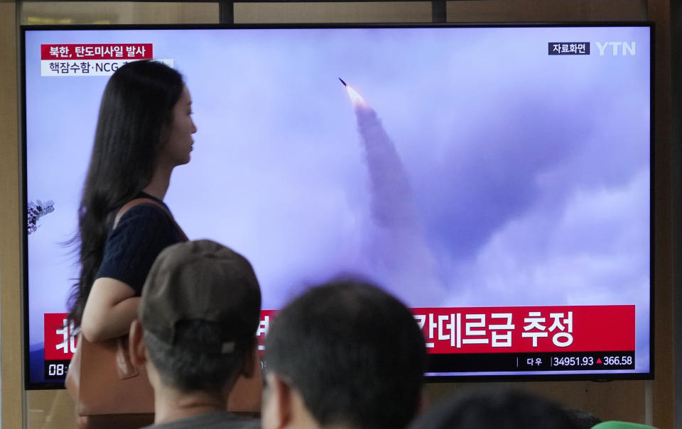 A TV screen shows a file image of North Korea's missile launch during a news program at the Seoul Railway Station in Seoul, South Korea, Wednesday, July 19, 2023. North Korea fired two short-range ballistic missiles into its eastern sea early Wednesday in what appeared to be a statement of defiance as the United States deploys a nuclear-armed submarine to South Korea for the first time in decades. (AP Photo/Ahn Young-joon)