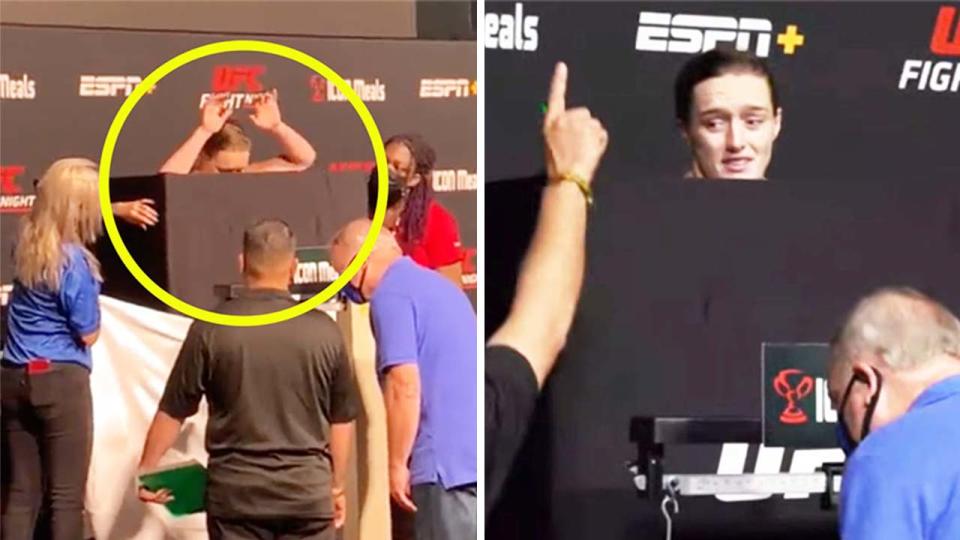 Aspen Ladd (pictured right) during her weigh-in and (pictured left) appearing to stumble on the scales.