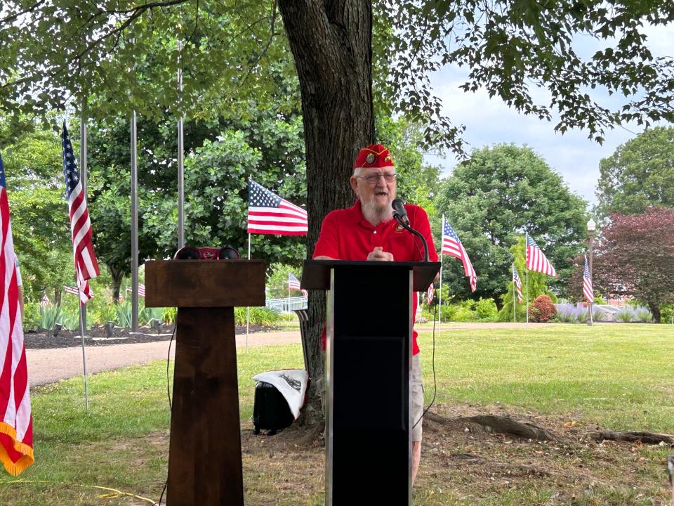 Korean and Vietnam Veteran Victor Corson emphasizes the importance of honoring the American flag during Flag Day ceremony at Liberty Garden Arboretum and Park in Jackson, Tenn. on June 14, 2023.