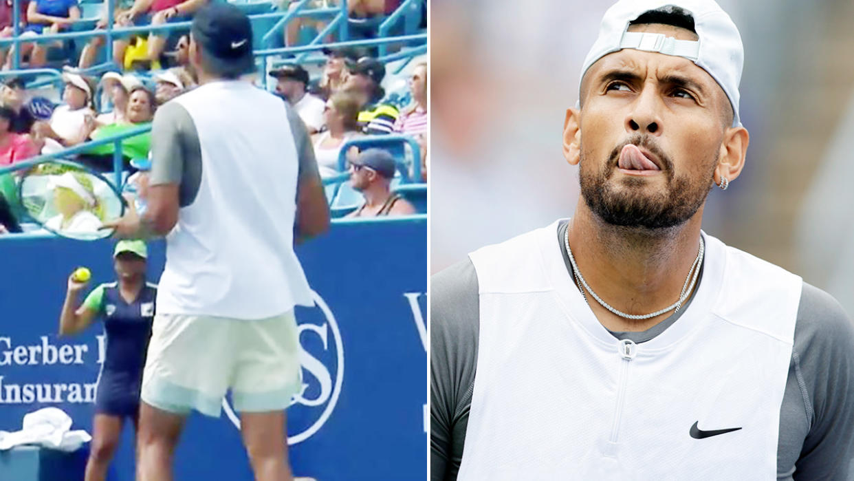 Nick Kyrgios, pictured here after whacking a ball into the stands at the Cincinnati Masters.