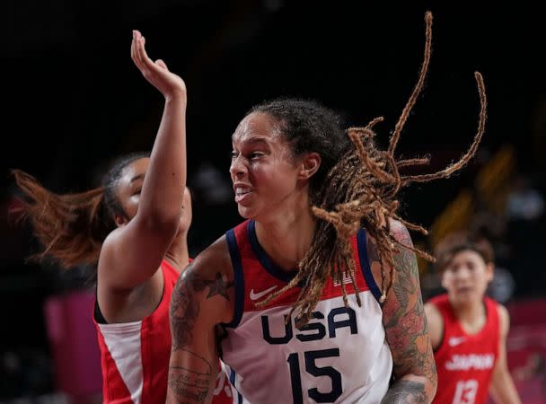 PHOTO: Brittney Griner, center, breaks through during the women's basketball final between the United States and Japan at the Tokyo 2020 Olympic Games in Saitama, Japan, Aug. 8, 2021. (Xinhua News Agency via Getty Images, FILE)