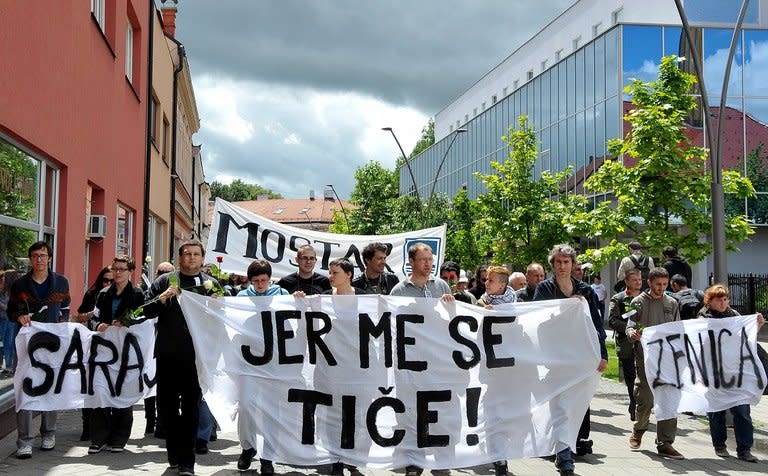 Several hundreds of Bosnian people gather to commemorate "The White Banner Day" in Western-Bosnian town of Prijedor, on May 31, 2013. Hundreds of youth gathered Friday to mark the 1992 ethnic cleansing against non-Serbs in Prijedor, one of the deadliest episodes of the Bosnian war, in an unprecedented commemoration attended by members of the local Serb community