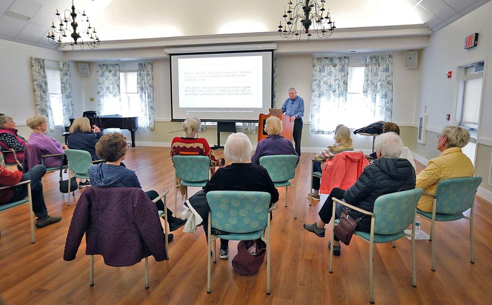 Henry Quinlan talks about using creativity to keep the brain and body healthy at the Duxbury Senior Center on Monday, May 2, 2022.