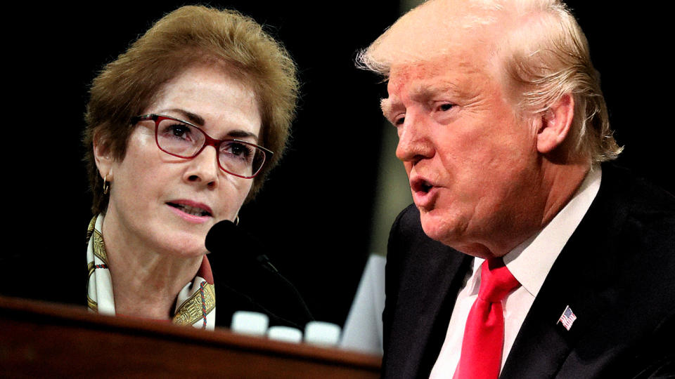 Marie Yovanovitch, former U.S. ambassador to Ukraine and President Donald Trump. (Photo illustration: Yahoo News; photos: Jonathan Ernst/Reuters, AP)