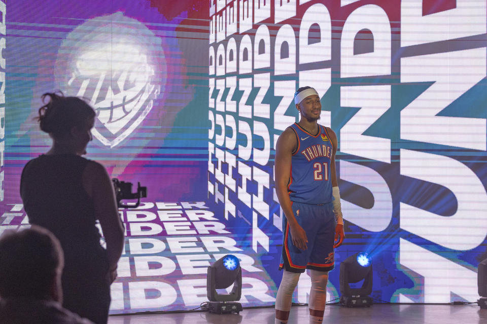 Oct 2, 2023; Oklahoma City, OK, USA; Oklahoma City Thunder guard Aaron Wiggins (21) during media day at Oklahoma City Convention Center. Mandatory Credit: Alonzo Adams-USA TODAY Sports