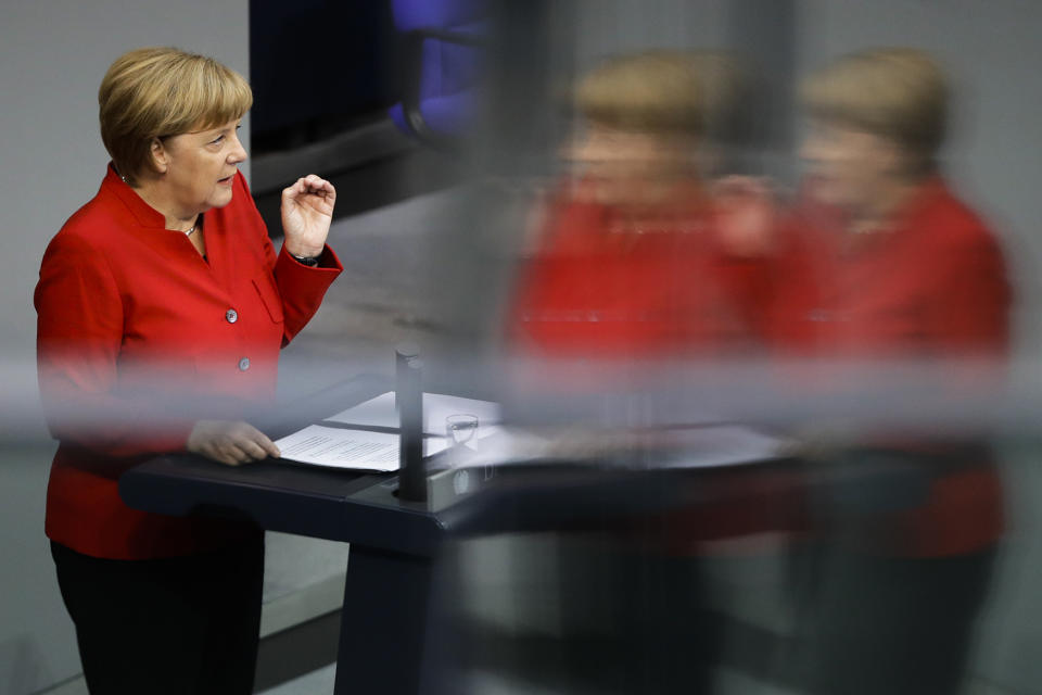 German Chancellor Angela Merkel delivers her speech