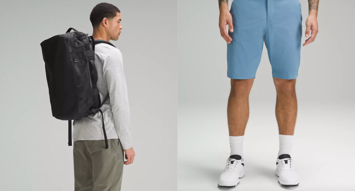 split screen of lululemon model wearing black backpack and lululemon blue golf shorts, father's day gift ideas, best father's dad gift ideas for dad