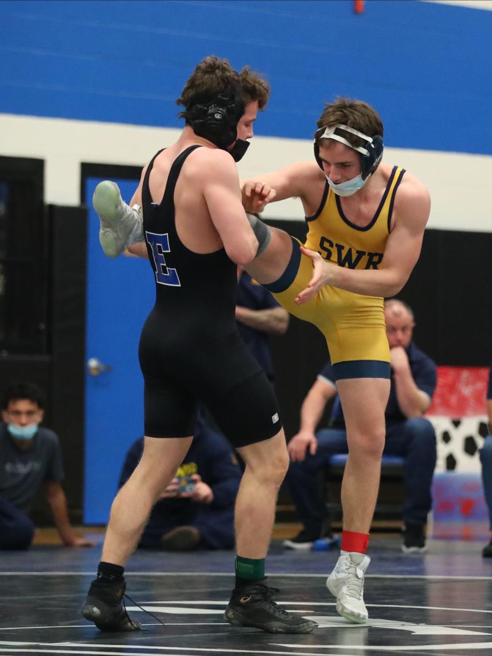 Edgemont's Sander Miller wrestles Shorham-Wading River's Joe Steimel in a 145-lb match at the 39th Annual Edgemont Wrestling Invitational at Edgemont High School in Scarsdale on Saturday, January 8, 2022. 