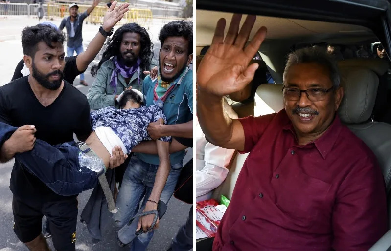 Sri Lanka President Gotabaya Rajapaksa and a protest in Colombo on 13 July 2022 against his economic mismanagement. (PHOTOS: Reuters/AFP)