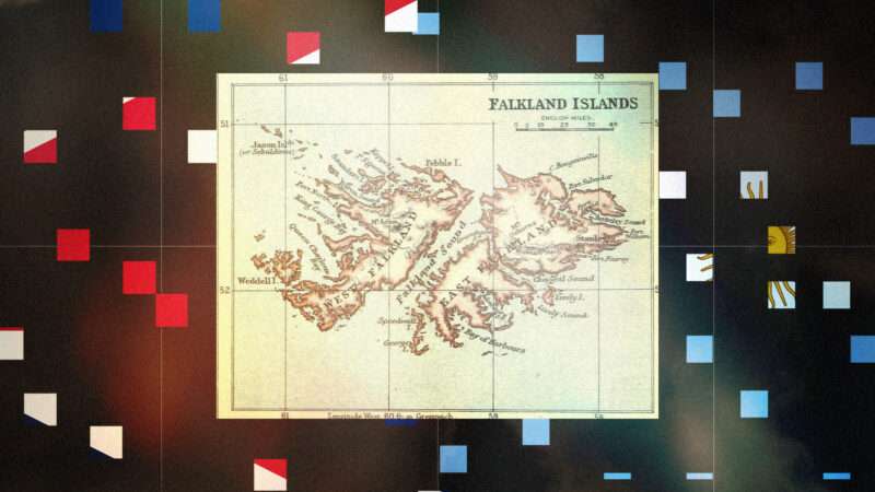 Falkland Islands on a map against a black background with colorful boxes against it