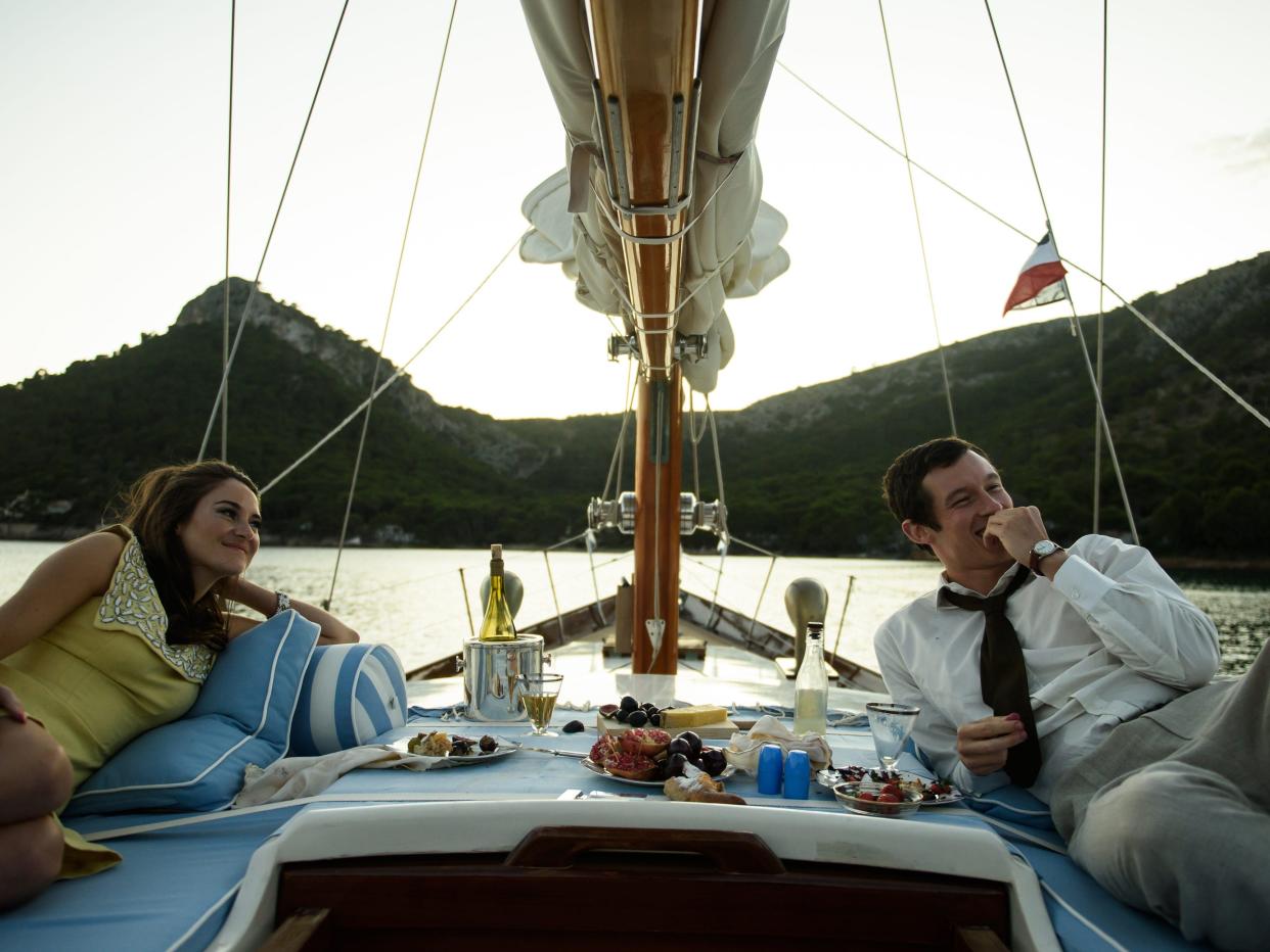 shailene woodley and callum turner on a boat in the last letter from your lover