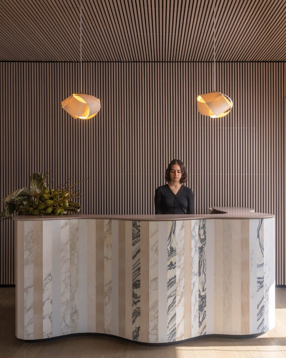 Sculptural reception desk at Long Island's the Shoals 