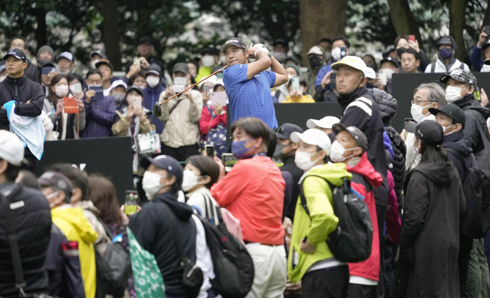 Hideki Matsuyama tees off on the sixth hole at the Zozo Championship in Inzai, Chiba prefecture, Japan Thursday, Oct. 13, 2022. (Kyodo News via AP)