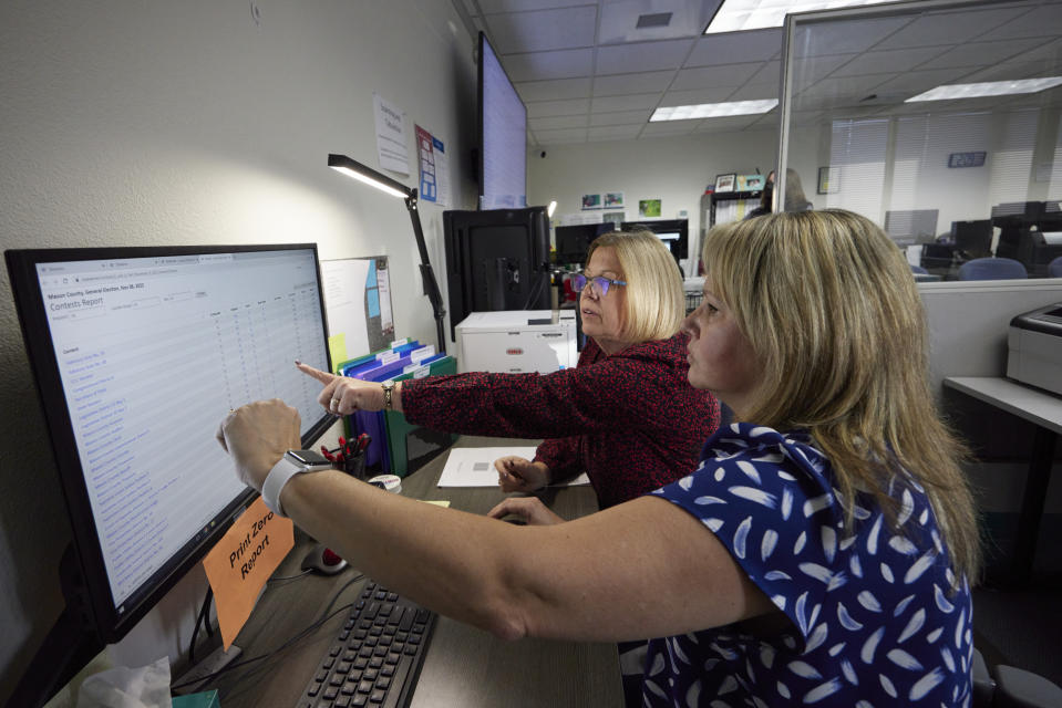 Susan Blankenship, assistant election administrator, left, and Marie Stevenson Mason County election superintendent, right, check accuracy of the results of the test ballots during the logic and accuracy test that is done in all Washington counties, Thursday, Oct. 13, 2022, in Shelton, Wash. (AP Photo/John Froschauer)