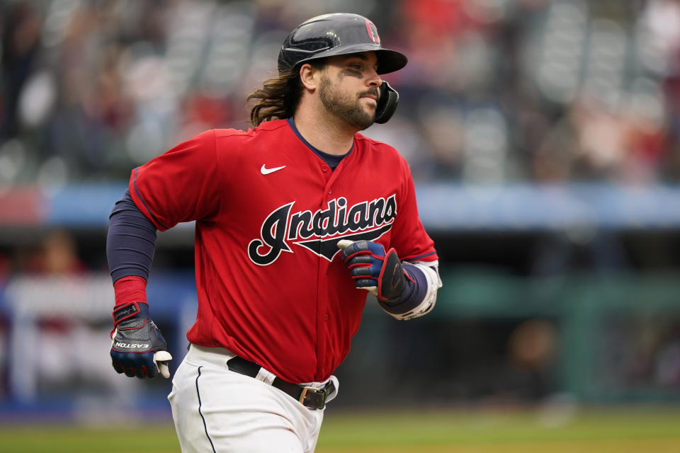 Cleveland Indians' Austin Hedges runs the bases after hitting a solo home run in the third inning in the first baseball game of a doubleheader against the Chicago White Sox, Thursday, Sept. 23, 2021, in Cleveland. (AP Photo/Tony Dejak)