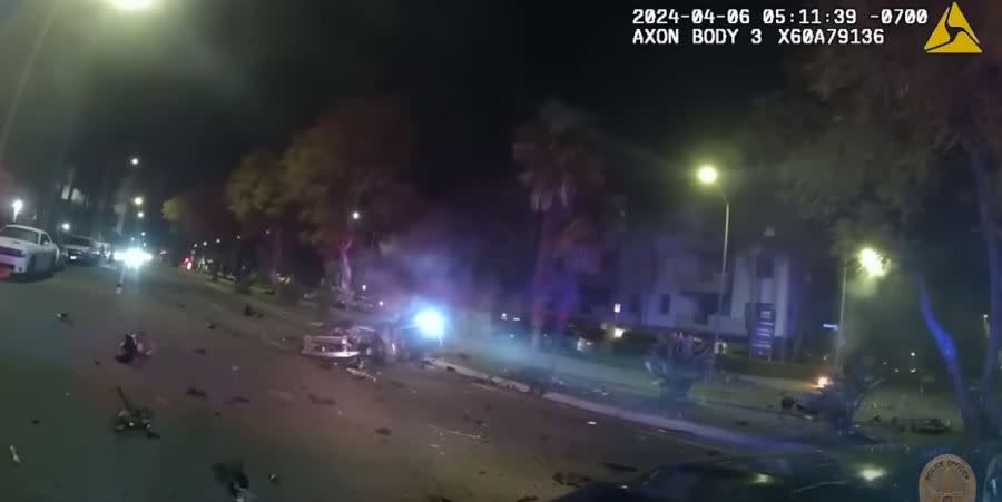 The suspect crashes into a center median at speeds of over 100 miles per hour, slipping the car in half and killing the driver on impact on April 6, 2024. (Los Angeles Police Department)