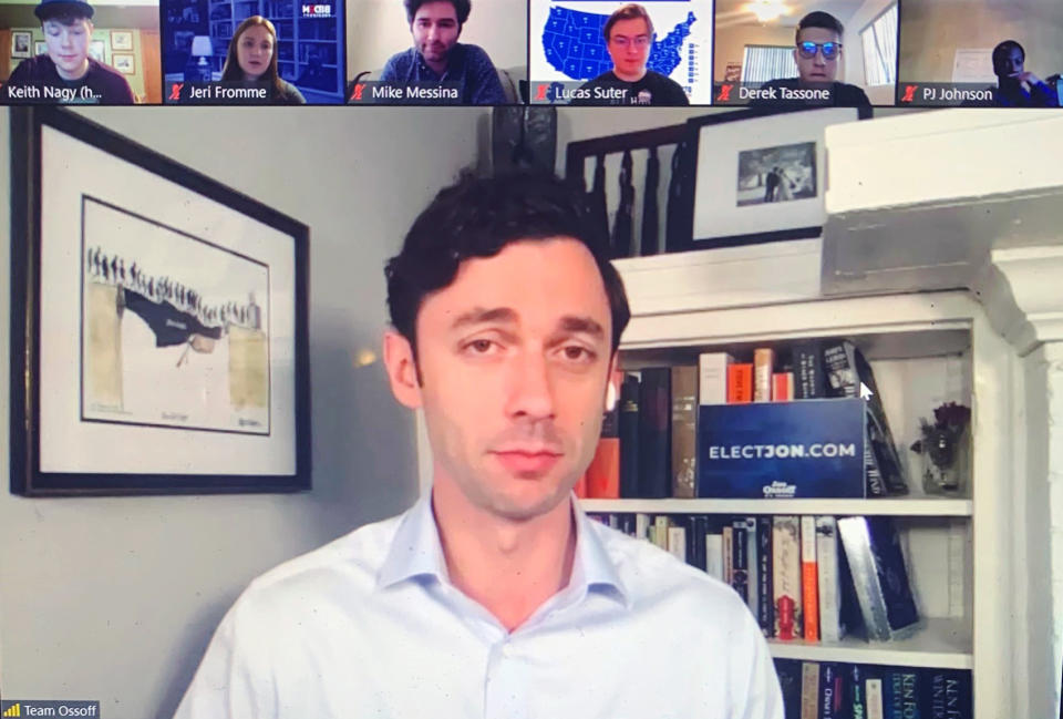 Image: Jon Ossoff appears at a Zoom phone bank (Courtesy Carter Yost)