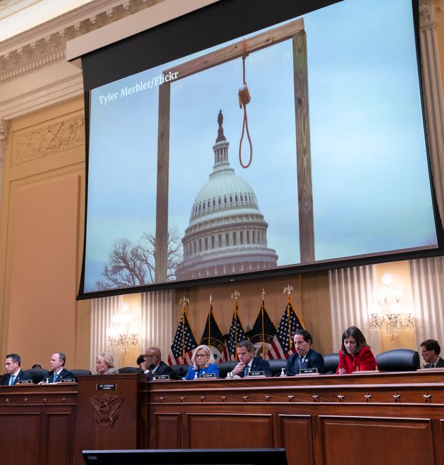 An image of a mock gallows on the grounds of the U.S. Capitol on Jan. 6, 2021, is shown on June 9, during the first public hearing of the House select committee investigating the Jan. 6 attack on the U.S. Capitol. (Photo: via Associated Press)