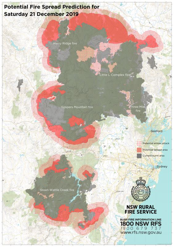 Map shows potential areas where bushfires may spread in New South Wales on Saturday, December 21, 2019