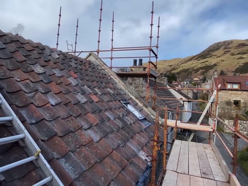 The roof scaffolding.