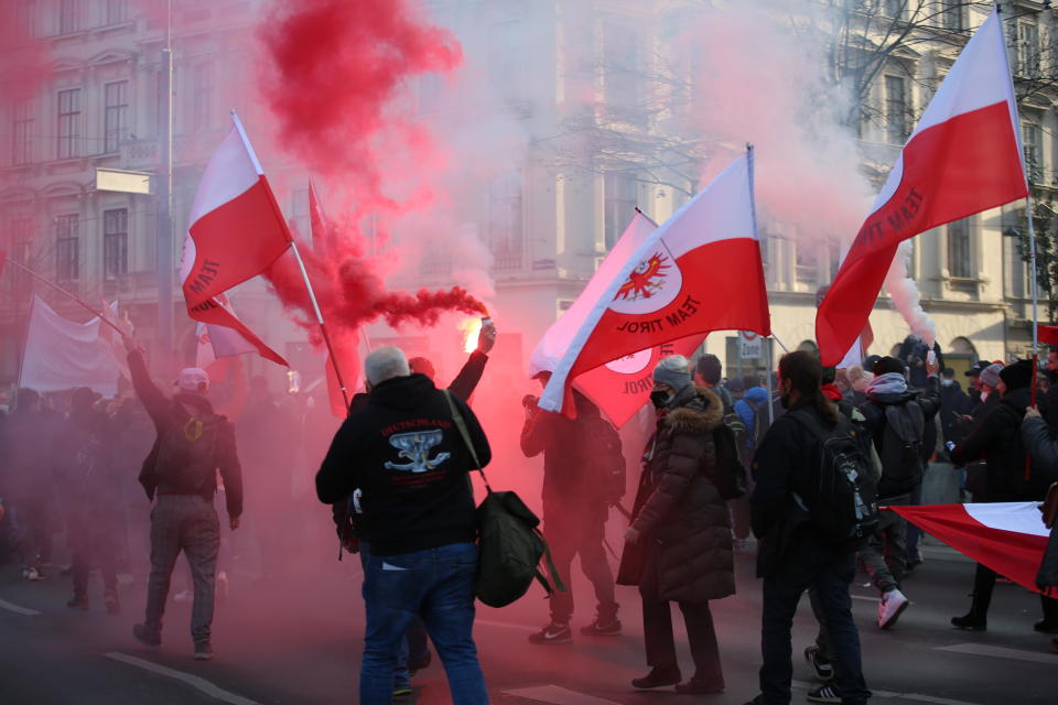 More than 50,000 people staged protests against measures taken by Austria's government to stem the COVID-19 outbreak, with the largest demonstration taking place in the capital, Vienna, on November 20, 2021 / Credit: Askin Kiyagan/Anadolu Agency/Getty