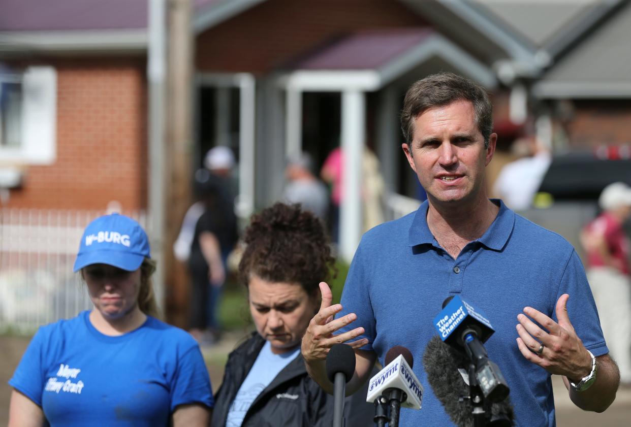 Gov. Andy Beshear addresses a crowd in Whitesburg, Kentucky on July 31, 2022. The region was devastated by flooding, with more than 40 people killed.