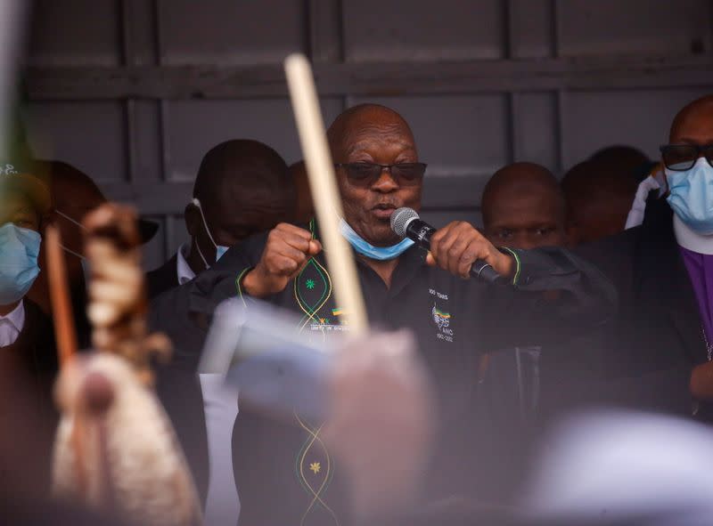 Former South African president Jacob Zuma speaks to supporters who gathered at his home in Nkandla