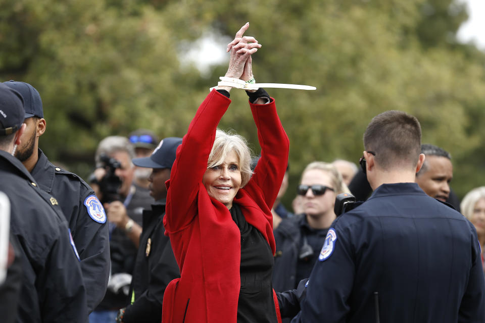 WASHINGTON, DC - OCTOBER 25: Actress Jane Fonda is arrested during the "Fire Drill Friday" Climate Change Protest on October 25, 2019 in Washington, DC . Protesters demand Immediate Action for a Green New Deal. Clean renewable energy by 2030, and no new exploration or drilling for Fossil Fuels.  (Photo by John Lamparski/Getty Images)